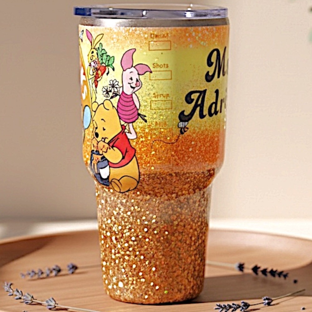 Rare Custom Winnie the Pooh Starbucks Inspired Glitter Tumbler Orange Ms Adriana - Picture 3 of 9